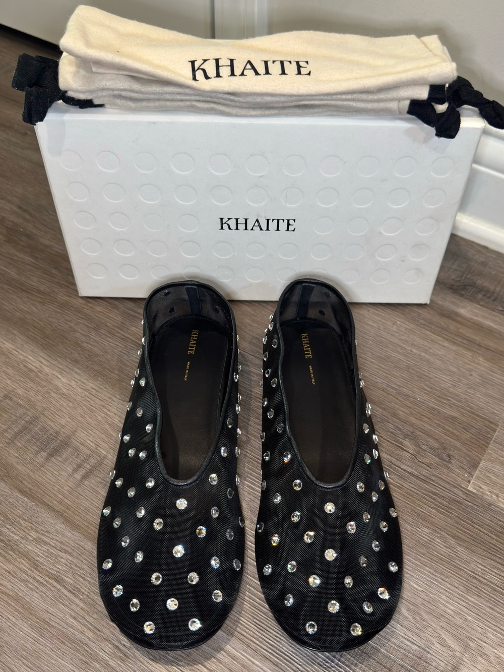 KHAITE Marcy Crystal Embellished Black Mesh Ballet Flats